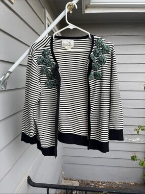 Tabitha Black and White Striped Open-Front Cardigan with Green Floral Embroidery